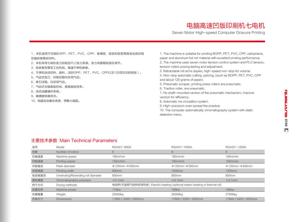電腦高速凹版印刷機七電組技術(shù)參數(shù)
